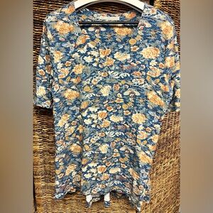Peruvian Connection- Womens Floral Blue and Orange Tunic top, XXL